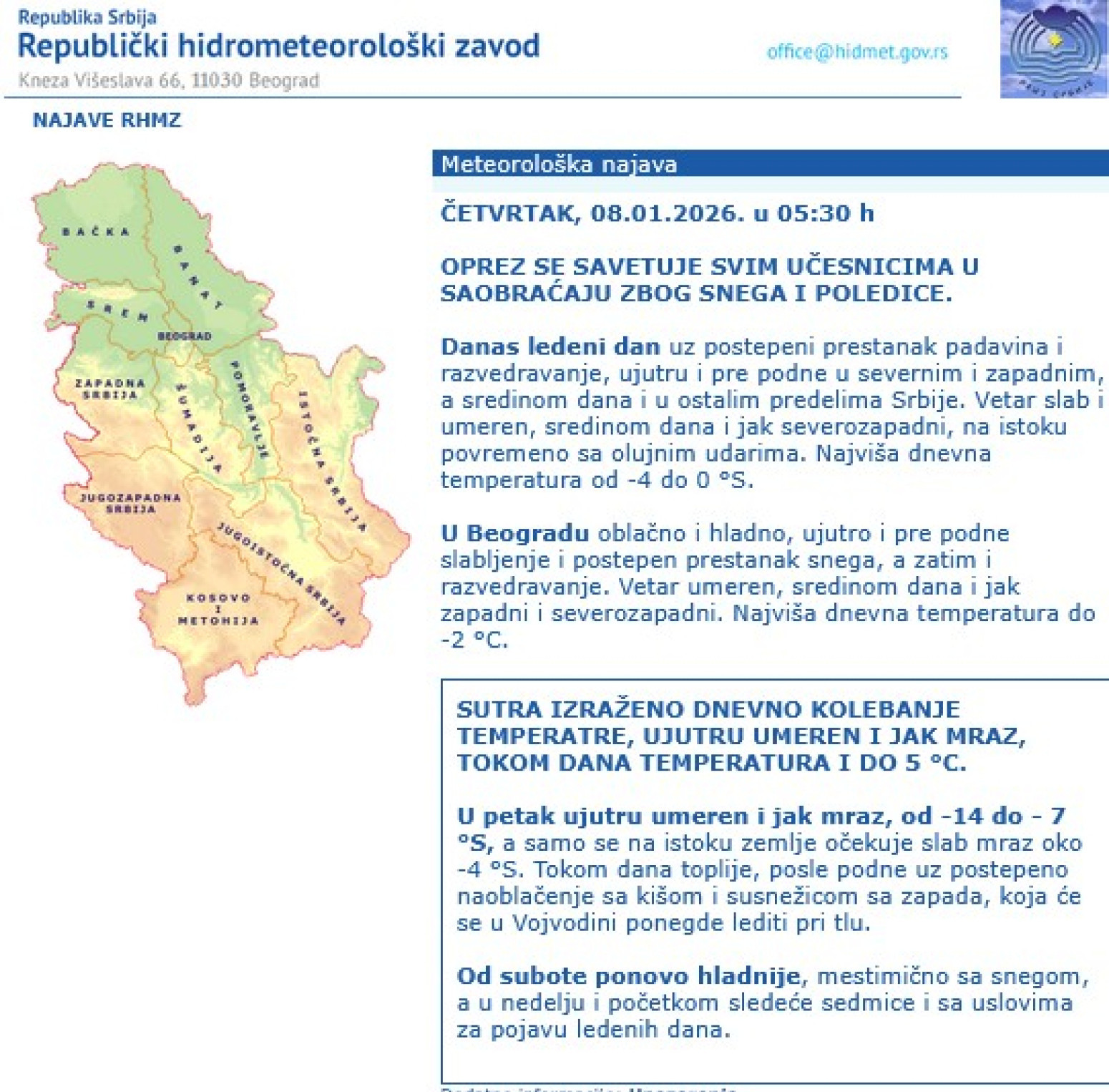 Srbija u debelom minusu; RHMZ objavio upozorenje; Ovi delovi su okovani snegom